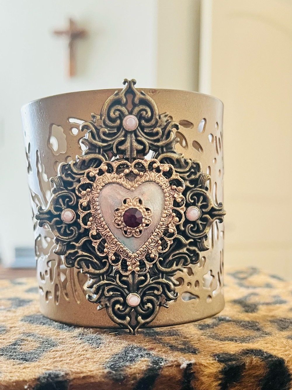 Ornate Heart Filigree Metal Cuff Bracelet - Antique Gold
